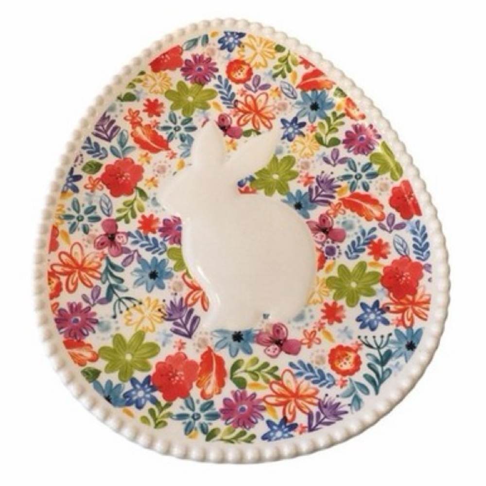 Floral Ironstone Egg-Shaped Plate with Beaded Edges and Bunny Design 🥚🐇